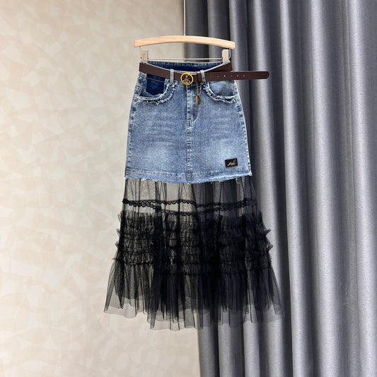 Stitching mesh denim skirt women's mid-length summer new sweet all-match slimming high waist a-line bag hip skirt