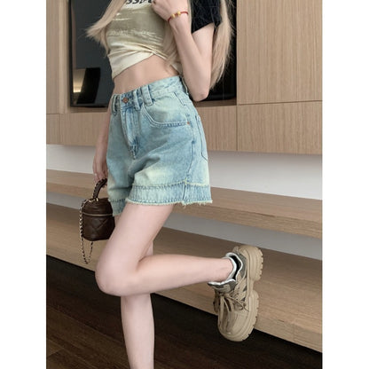 Kumikumi retro raw edge design denim shorts women's summer high waist slimming all-match wide-leg pants hot pants