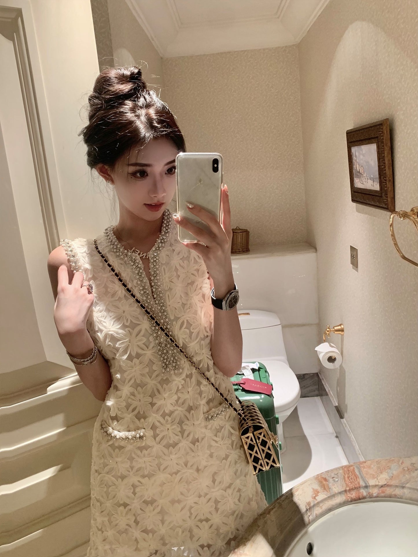 J11 Studio/Rich Family Daughter Heavy Industry Nail Beads Playful Temperament Covering Meat Showing Thin Fragrance Off-shoulder Dress Female