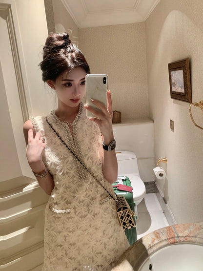 J11 Studio/Rich Family Daughter Heavy Industry Nail Beads Playful Temperament Covering Meat Showing Thin Fragrance Off-shoulder Dress Female