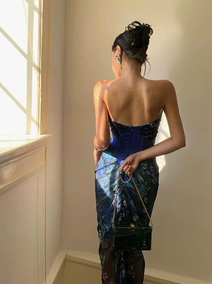 Xiaoli One Tail Blue Sparrow Floral Suspenders Hip Dress 2023 Summer French Spice Girls Sexy Slim Chic Dress