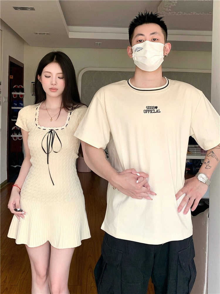 Niche design sense couple outfit summer 2023 Korean version short-sleeved T-shirt female dress French one skirt one clothes ins tide