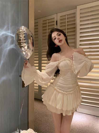 Ballet style halter neck long-sleeved dress fairy summer gentle and sweet skirt sleeveless slim waist princess skirt