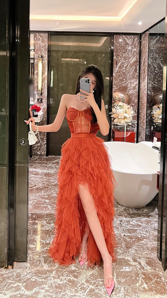 BETTER LS sexy lady temperament tube top dress high-quality fishbone stitching mesh French dress skirt