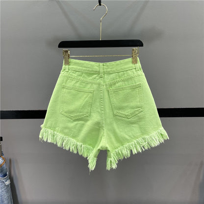 Candy-colored hot girls denim shorts women 2023 summer high waist slimming ripped holes fringed A-line wide-leg hot pants