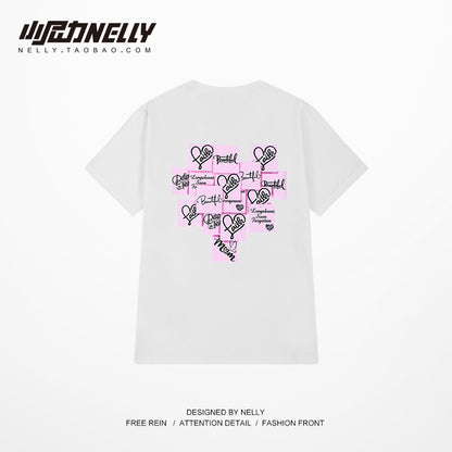 oversize love post-it sticker woven label design couple outfit solid color T-shirt fried street short-sleeved men's and women's half-sleeved mid-sleeve