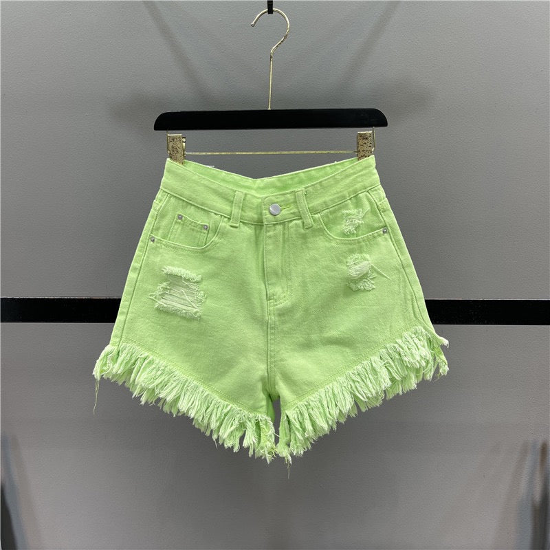 Candy-colored hot girls denim shorts women 2023 summer high waist slimming ripped holes fringed A-line wide-leg hot pants