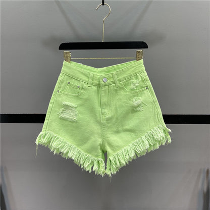 Candy-colored hot girls denim shorts women 2023 summer high waist slimming ripped holes fringed A-line wide-leg hot pants