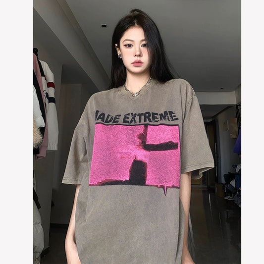 BabyStudios new three-dimensional printing round neck half-sleeved t-shirt women's loose 2023 American retro short-sleeved trend