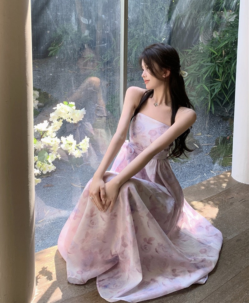 Printed tube top dress with open back and straps with one-shoulder waist and slim mid-length a-line skirt for women with summer temperament