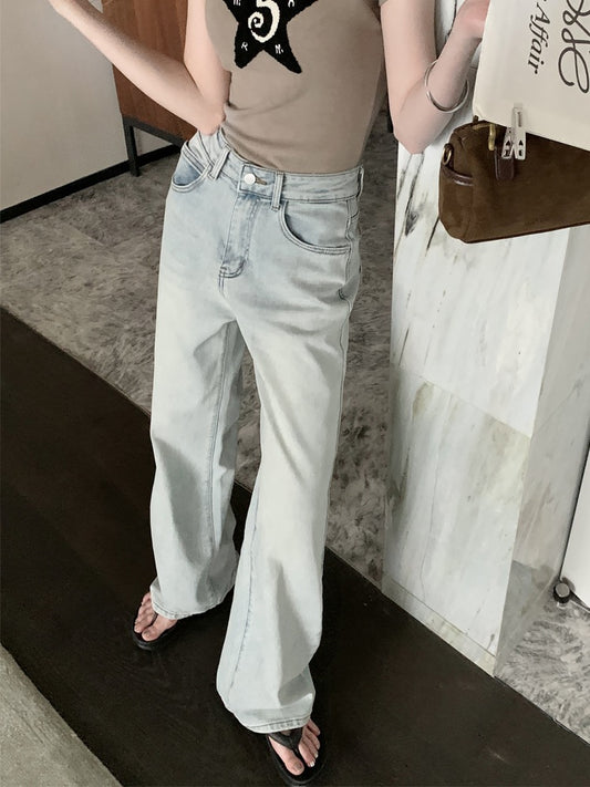 Kumikumi retro washed light blue jeans women's summer high waist loose straight wide leg pants mopping pants