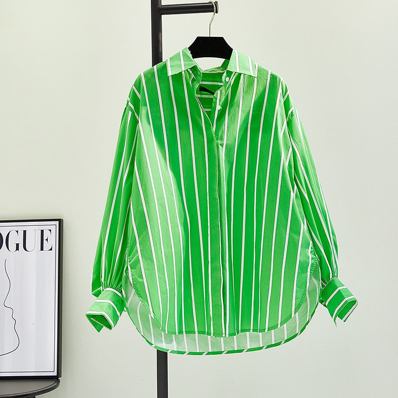 Avocado green vertical striped mid-length shirt women's 2023 summer new Korean style lantern sleeve loose casual shirt