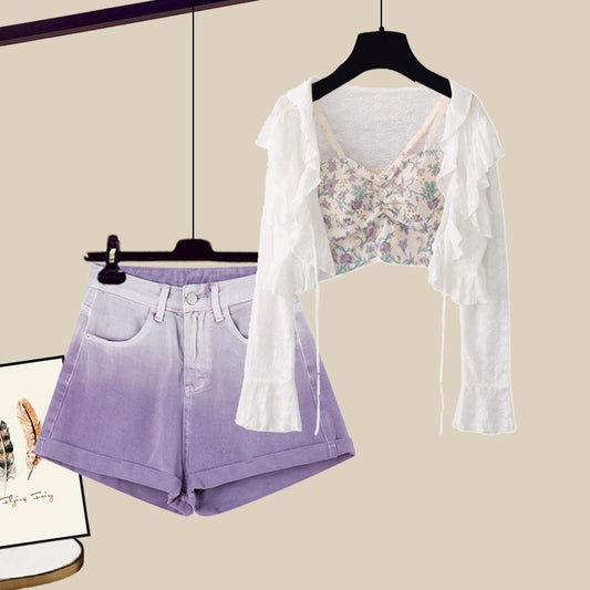 Summer Spice Girls Wear Sexy Vest Sunscreen Cardigan Purple Denim Shorts Red Fried Street Three-Piece Suit Female Summer Dress