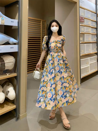 Large size fat MM seaside vacation tea break dress female summer gentle wind one-shoulder waist slimming a-line long skirt