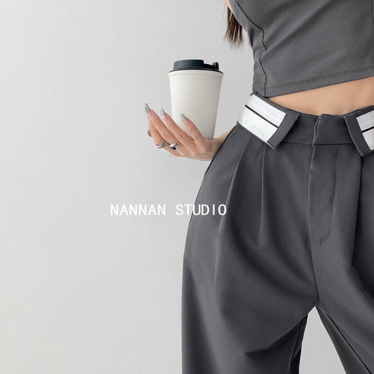 High street light luxury design sense contrasting color eversion high waist suit pants women's spring and autumn thin section slim drape loose mopping pants