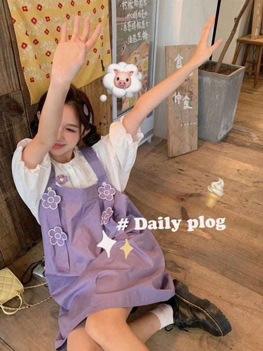 Sweet design three-dimensional suspenders dress puff sleeve shirt female summer dopamine wear fashion suit
