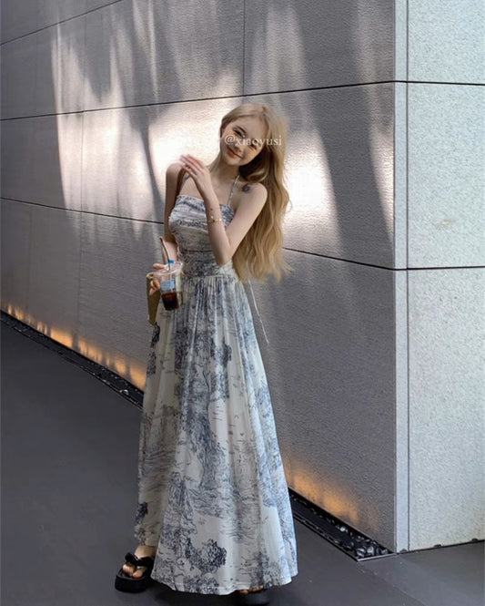 Retro landscape painting floral hanging neck tube top dress women's summer waist waist dress French mesh a-line skirt