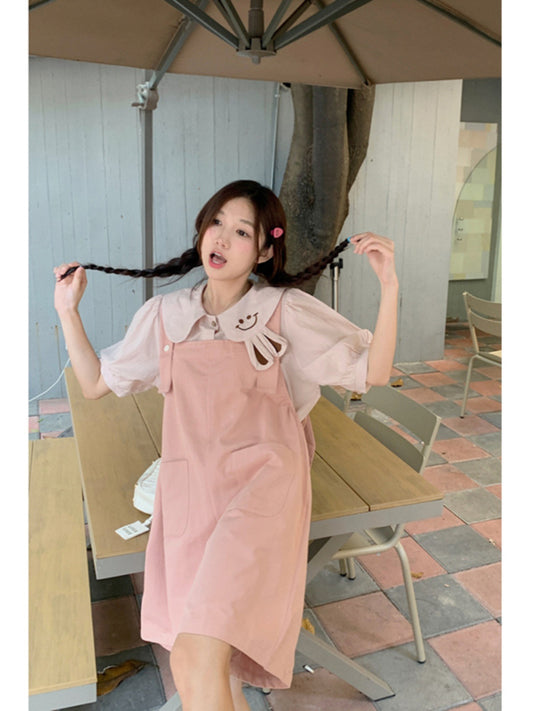 Sweet girly pink rabbit ears two-wear bib shorts doll collar short-sleeved shirt summer new two-piece set