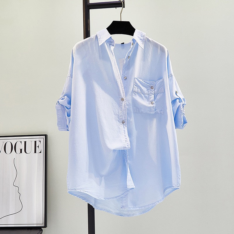 Tencel denim cotton roll-sleeved casual shirt women 2023 summer new Korean fan art loose shirt top cardigan