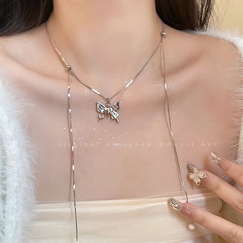 Silver Butterfly Pull Necklace Femininity Cold Wind Light Luxury Clavicle Chain Fashion 2023 New Versatile Necklace
