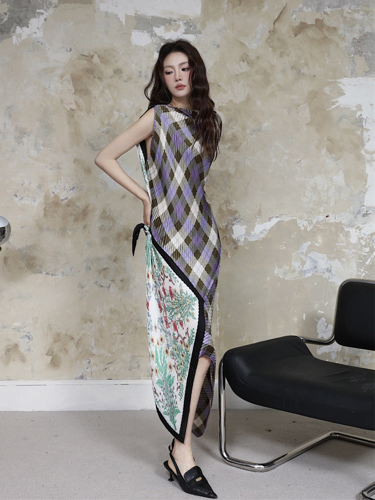 2023 summer niche design sense purple lattice flower irregular design pleated skirt high collar silk scarf skirt