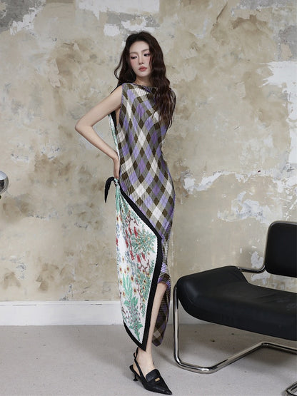 2023 summer niche design sense purple lattice flower irregular design pleated skirt high collar silk scarf skirt