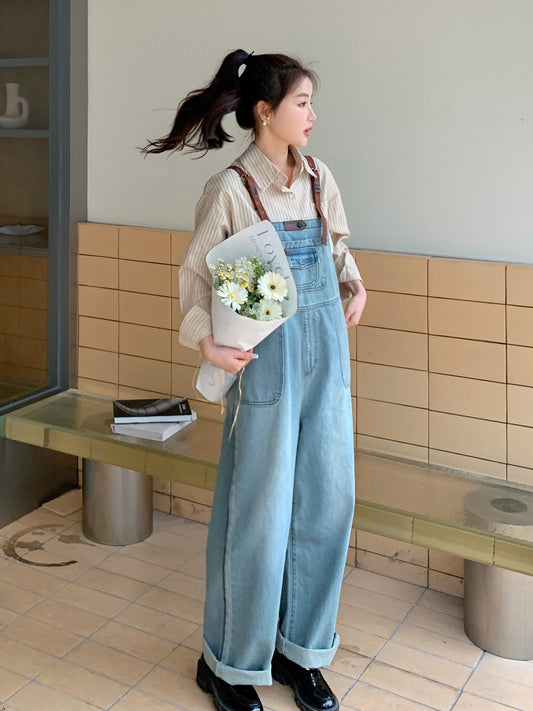 Retro denim overalls women's spring and autumn 2023 new Korean version loose casual slimming age-reducing straight-leg wide-leg trousers