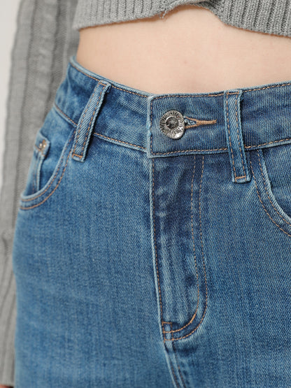Wang Youshan slit jeans women's high waist nine-point flared pants spring and summer thin section eight-point small flared pants