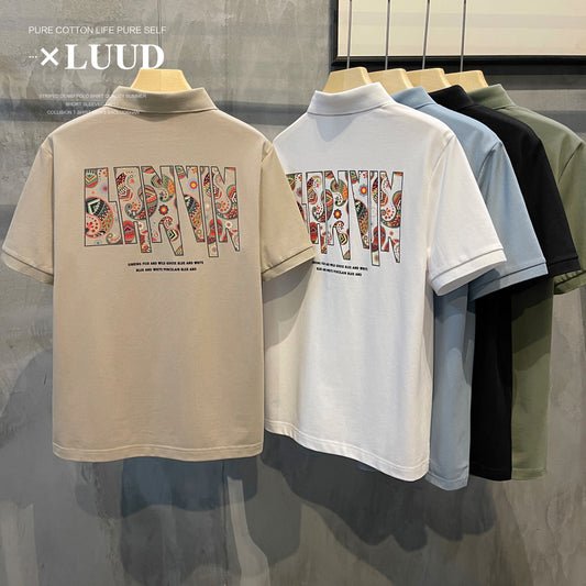 LUUD short-sleeved lapel POLO shirt men's summer trend back printing high-end casual pique cotton top T-shirt