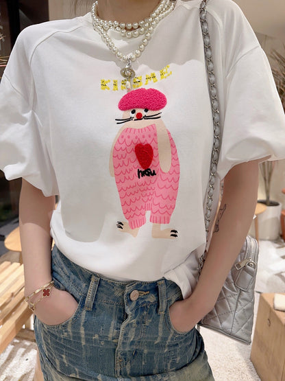 Thebestxue Korean version of white printed beading asymmetric bubble short-sleeved t-shirt women's 2023 new top summer