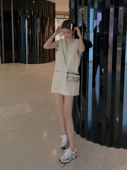 Heavy industry beaded skirt 2023 spring new lace woven hollow vest skirt tea break French dress