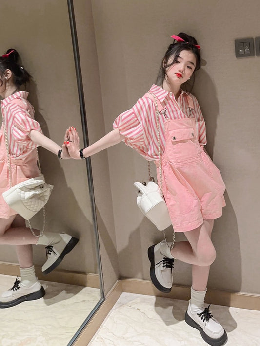 Girls' overalls suit 2023 summer new trendy children's net red summer style short-sleeved foreign style girl's summer dress