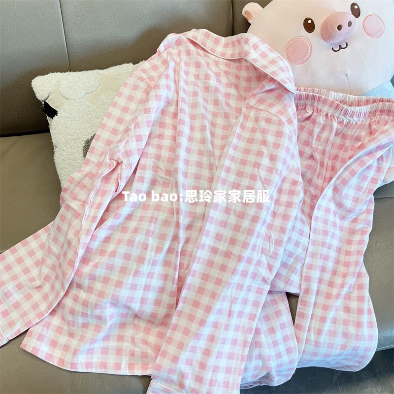 Japanese plaid Piglet pajamas women's pure cotton long-sleeved spring and autumn ins style simple small fresh home clothes