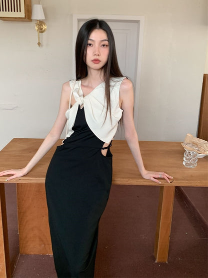 2023 summer new high-end temperament niche hollow waist long skirt twisted and contrasting color slimming dress women