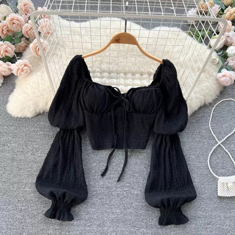 French design sense niche square collar white shirt jacket autumn women's tie puff sleeve shirt western style beautiful small shirt