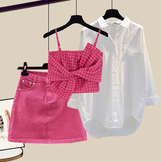 Pure and sweet suit summer women's 2023 new vest shirt skirt three-piece skirt suit high-end summer