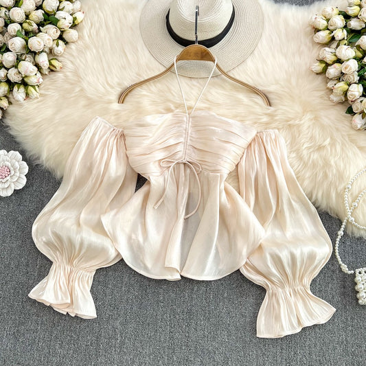Spice Girls Sexy Halter Neck Strapless Shirt Female 2023 Spring New French Retro Puff Sleeve Pleated Top