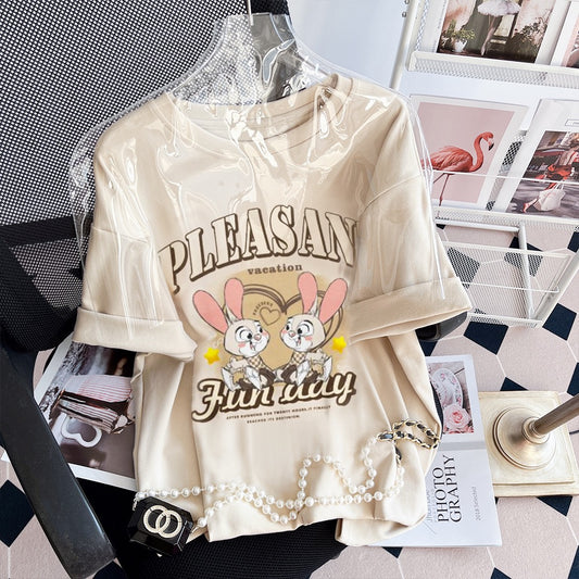 Clearance pick-up counters withdrawn ~ Thirteen lines of high-quality cotton T-shirt age-reducing cute rabbit print short-sleeved simple