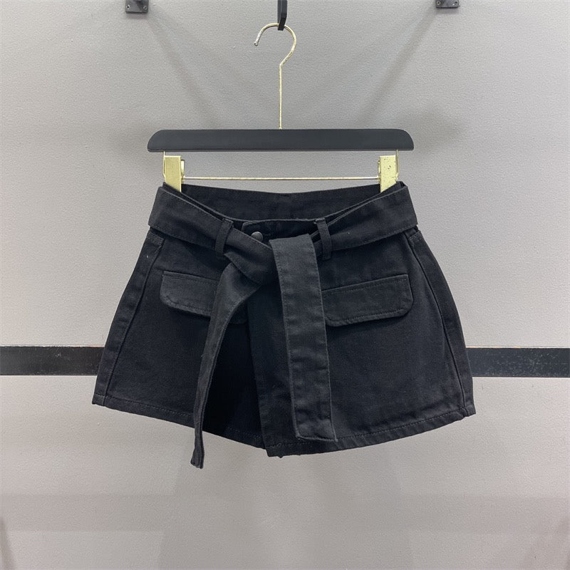 2023 Summer New Irregular Retro Denim Skirt Women's Fake Two-Piece Hakama Slim A-Line Wide-leg Shorts