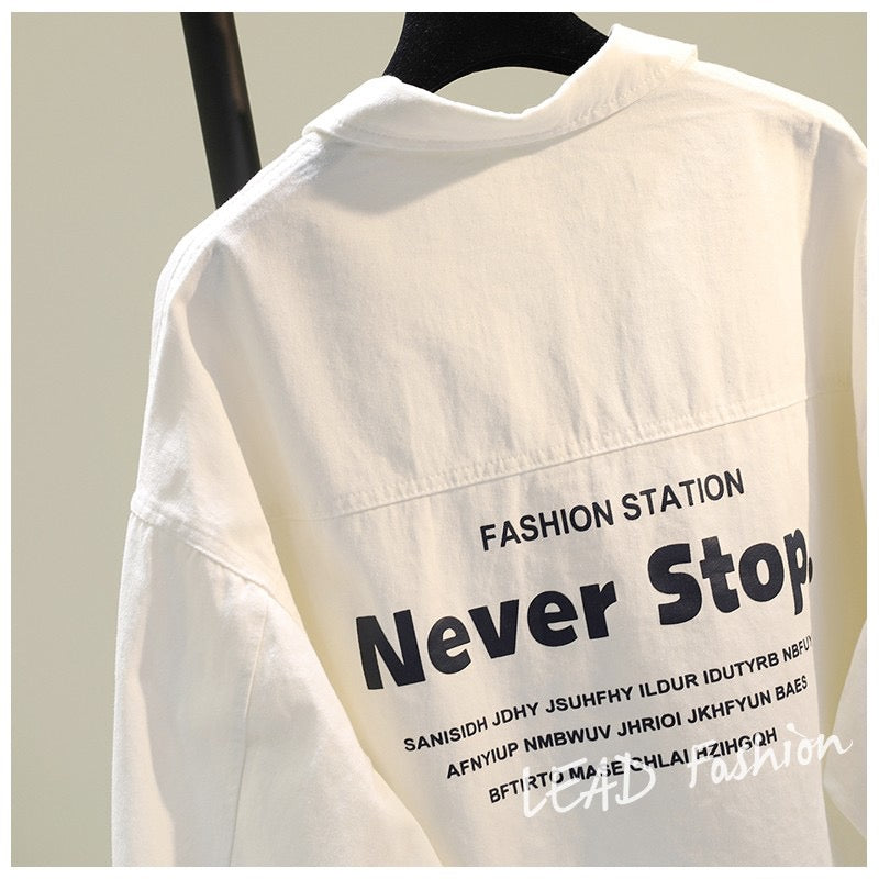 2023 spring new Korean version of the letter thickened shirt female bat sleeve loose casual shirt mid-length short coat