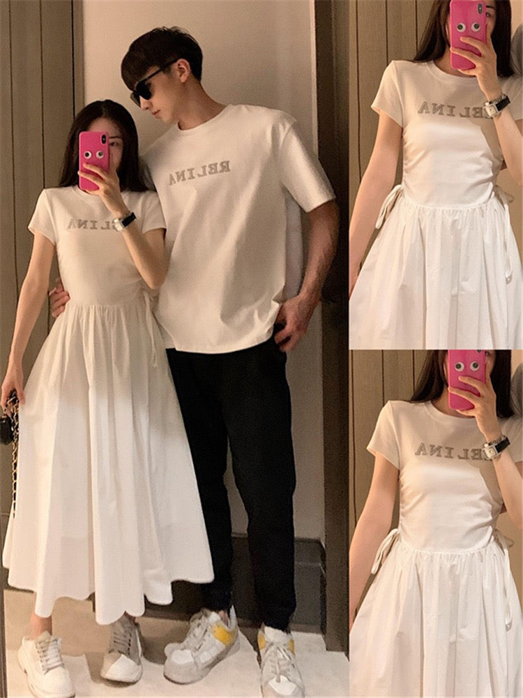 Sister's niche design sense couple outfit summer Korean version of short-sleeved T-shirt dress French one skirt one clothes ins tide