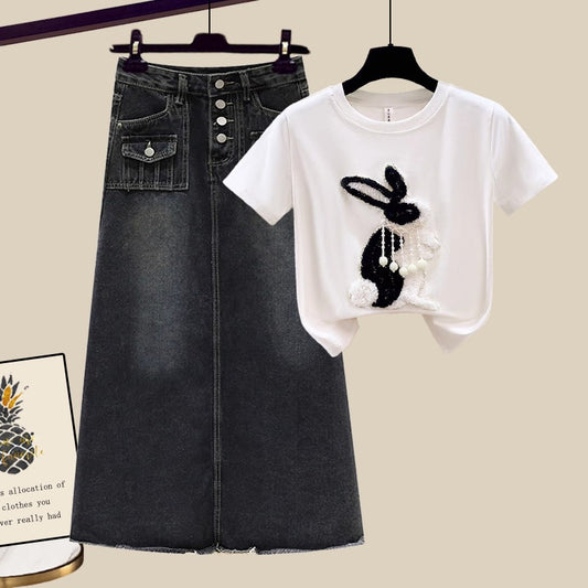 2023 Summer Fried Street Suit Skirt Net Red New Half-length Denim Skirt Niche Chic Embroidered Top Two-piece Female