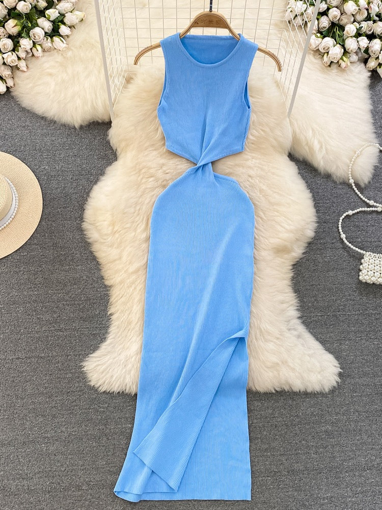 Summer Pure Desire Sweet and Spicy Round Neck Sleeveless Empty Waistless Waist Slim Mid-length Knitted Hip Dress Women