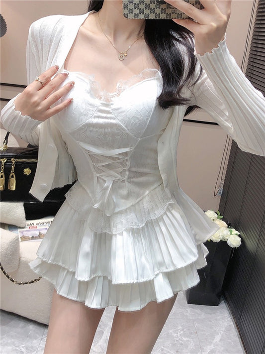 Pure Desire Sweet and Spicy Suit Women's Summer Ice Silk Sunscreen Cardigan Corset Wrapped Chest Camisole Skirt Three-piece Set