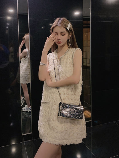 Heavy industry beaded skirt 2023 spring new lace woven hollow vest skirt tea break French dress