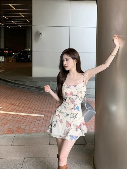 Atmosphere irregular waist hot girl dress female summer niche butterfly print suspender skirt a-line skirt
