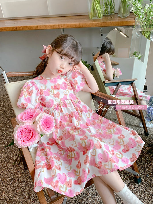 Girls dress summer dress 2023 new foreign style children's skirt summer little girl puff sleeve princess dress floral floral