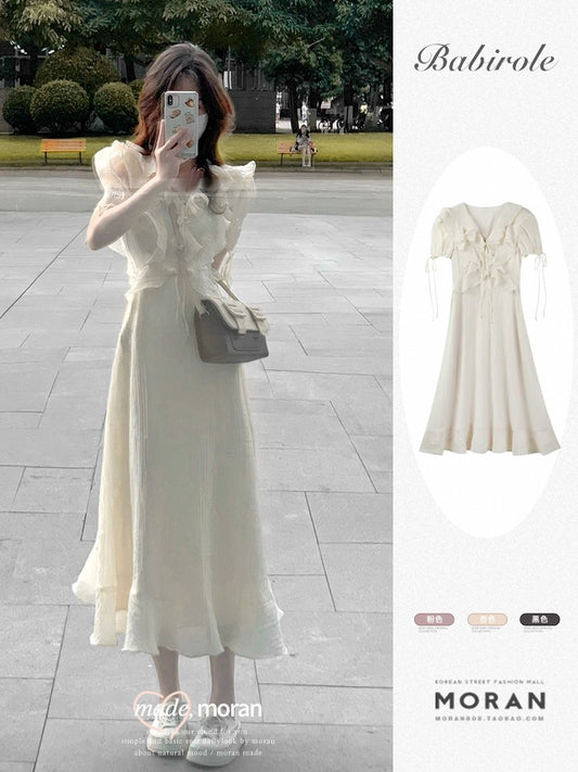 French Tea Break Gentle Ruffled Dress Slim Waist Slim Temperament Super Fairy First Love Dating Long Skirt Summer