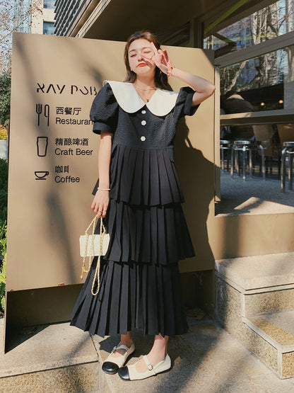 French temperament puff sleeve dress design sense niche 2023 summer new women's clothing high-end pleated cake skirt