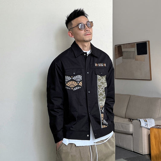 Uncle Bar spring and autumn men's lapel design sense jacket casual ruffian handsome jacket American splicing advanced top trend